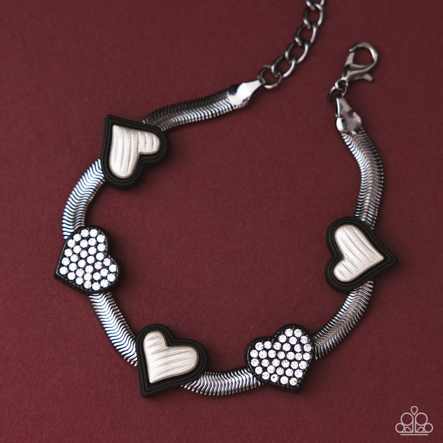 Pure Chemistry - Black Gunmetal Snake Chain, White & Black Heart Clap Bracelet Paparazzi B2424