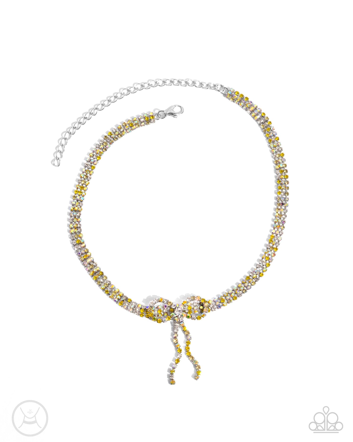 Buckingham Bow - Yellow Iridescent Rhinestone & Multicolored Bow Choker Necklace Paparazzi N3058
