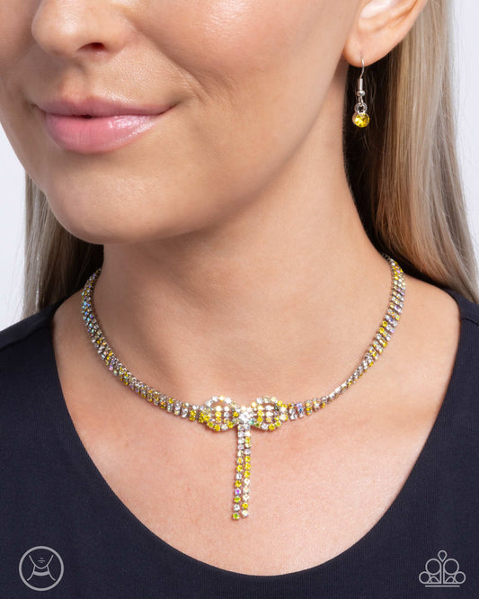 Buckingham Bow - Yellow Iridescent Rhinestone & Multicolored Bow Choker Necklace Paparazzi N3058