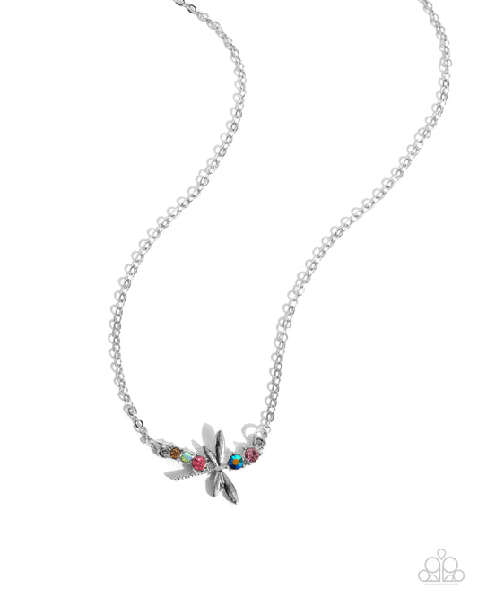 Dragonfly Deed - Multicolored UV Splashed & Iridescent Rhinestone Silver Dragonfly Necklace Paparazzi N3129