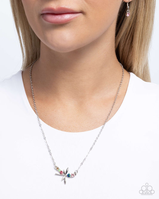 Dragonfly Deed - Multicolored UV Splashed & Iridescent Rhinestone Silver Dragonfly Necklace Paparazzi N3129
