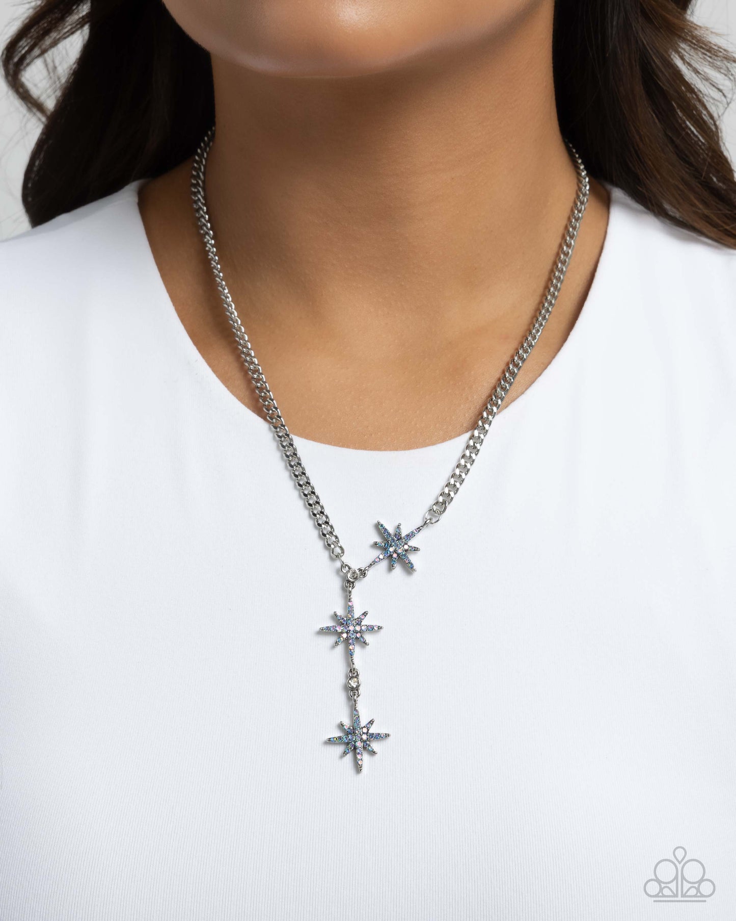 Stellar Story - Blue Light Sapphire Iridescent Rhinestone Silver Star Y Necklace Paparazzi N3468