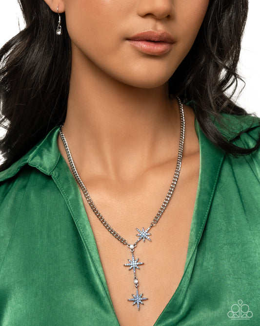 Stellar Story - Blue Light Sapphire Iridescent Rhinestone Silver Star Y Necklace Paparazzi N3468