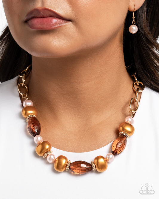 Paparazzi Pearly Patron - Brown Buckthorn Pearl, Pink Pearl, Gold Necklace
