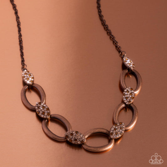 Radiant Restoration - Copper Cable Chain Antiqued Oval Peach & Smoked Topaz Rhinestone Necklace Paparazzi N2870
