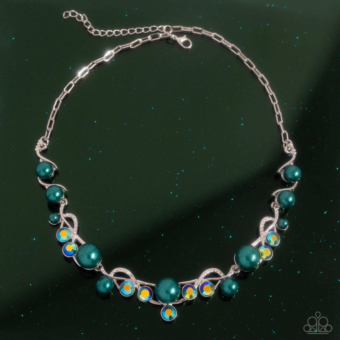 Settled Shimmer - Green Aventurine Pearl, White Rhinestone Silver Vine Style Necklace Paparazzi