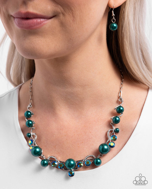 Settled Shimmer - Green Aventurine Pearl, White Rhinestone Silver Vine Style Necklace Paparazzi