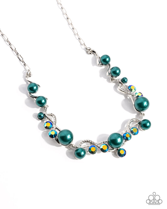 Settled Shimmer - Green Aventurine Pearl, White Rhinestone Silver Vine Style Necklace Paparazzi