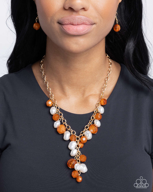 Beehive Barrage - Orange, Tomato Cream Beads & Baroque White Pearl Necklace Paparazzi N2857