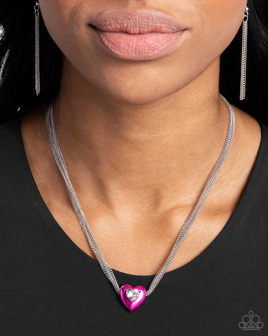 Malibu Infatuation - Pink Cubic Zirconia Heart Silver Necklace Paparazzi N3163
