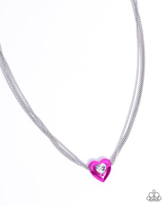 Malibu Infatuation - Pink Cubic Zirconia Heart Silver Necklace Paparazzi N3163