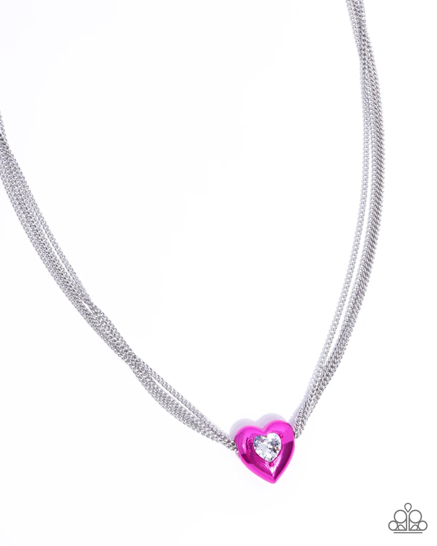 Paparazzi Malibu Infatuation - Pink Electric Metallic & White Cubic Zirconia Center Heart Silver Necklace N3938