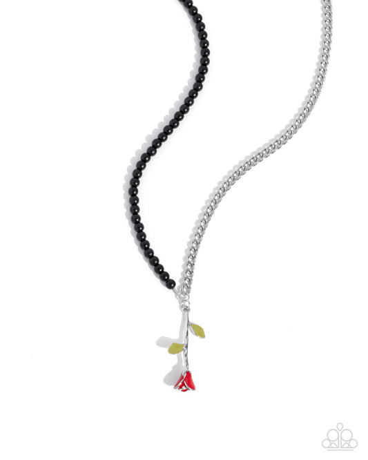 Belles Radiance - Black Pearly Beads, Silver Curb Chain & Red Painted Silver Rose Necklace Paparazzi