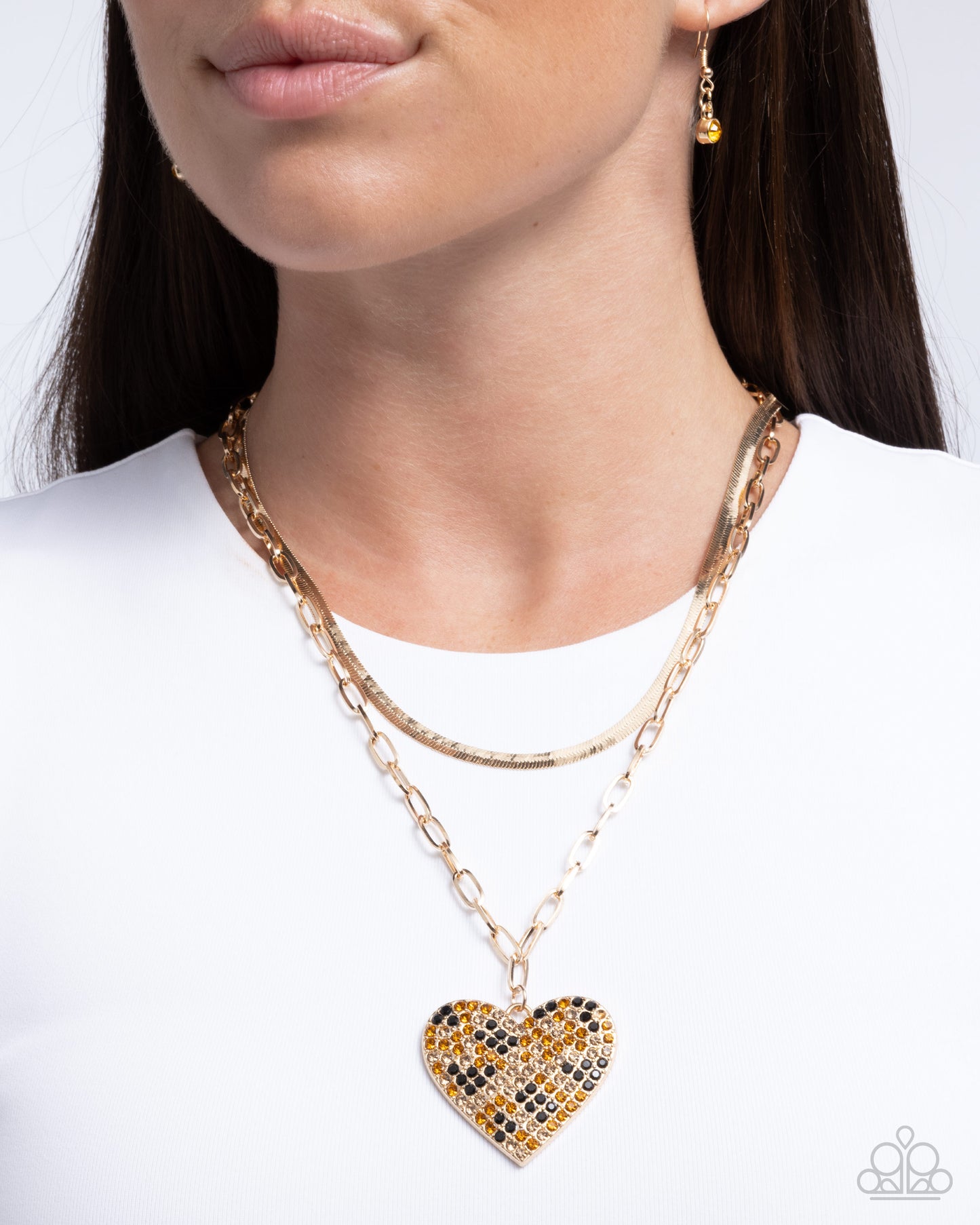 Cheetah Class - Brown Tea, Topaz, And Black Rhinestone Cheetah Inspired Gold Heart Necklace Paparazzi