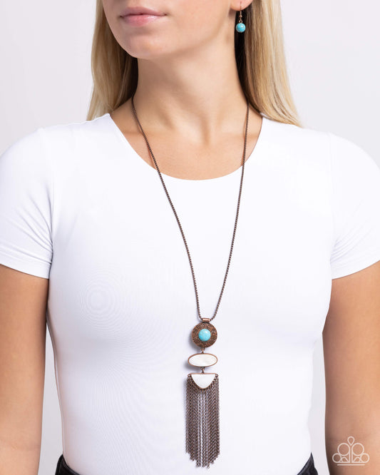 Textured Tourist - Copper Box Chain, Turquoise & White Stone Santa Fe Style Fringe Necklace Paparazzi N3119