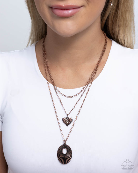 Sunburst Stage - Copper Abstract Layered Chain & Heart Charm Necklace Paparazzi N3313