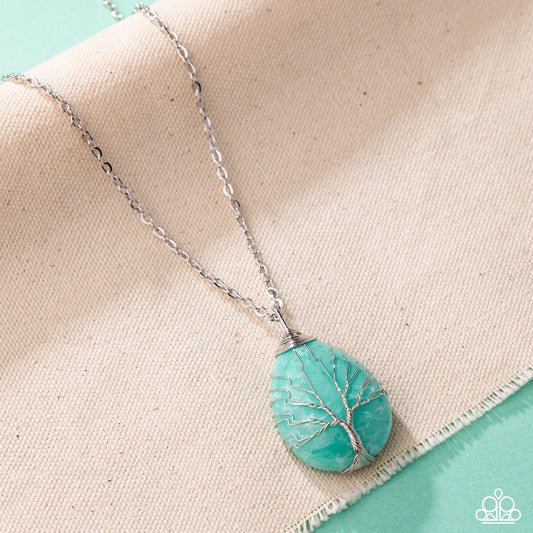 Stony Status - Green Marble Jade Teardrop Stone Silver Twisted Tree Pendant Necklace Paparazzi N3238