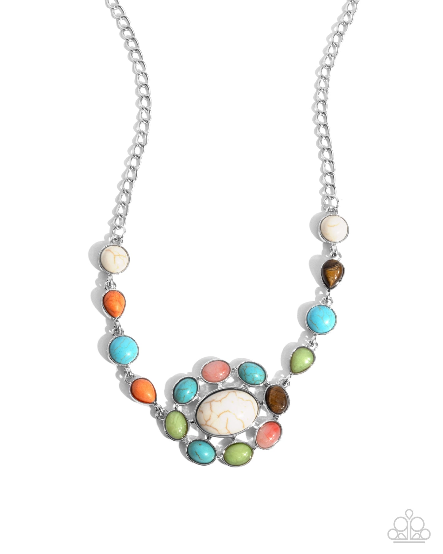 Enigmatic Ease - Multi Color Turquoise, Tiger's Eye, White, Leek Green, Pink, Orange Stone Santa Fe Style Necklace Paparazzi N2463