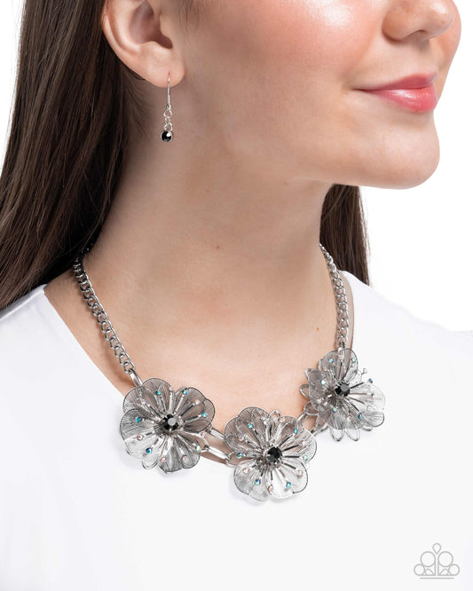 Falsetto Folktale - Black Gem Silver Wiry Flower Necklace Paparazzi N3606