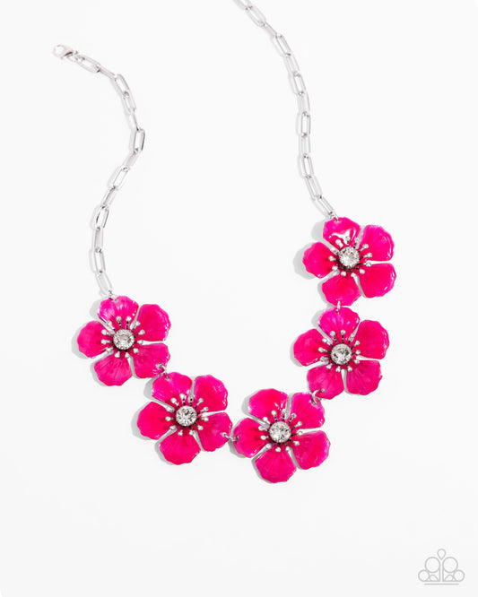 Eternal Efflorescence - Pink Peacock Painted Textured Flowers & White Gem Necklace Paparazzi N3284