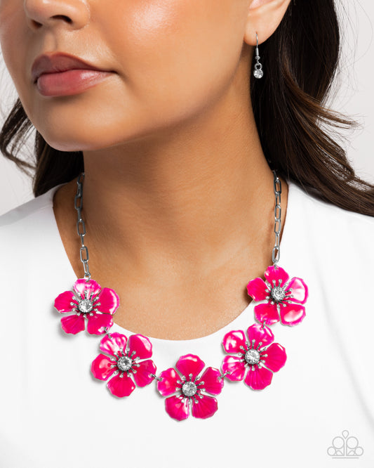 Eternal Efflorescence - Pink Peacock Painted Textured Flowers & White Gem Necklace Paparazzi N3284