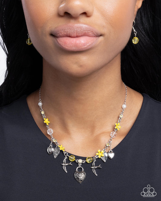 Flight of the Sparrow - Yellow Primrose, Silver Flower & Sparrow Necklace Paparazzi N3454