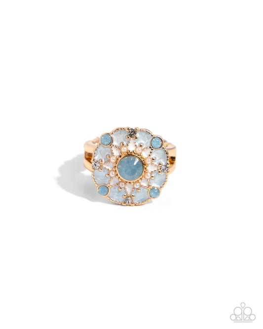 Cheers to Perfection - Blue Opalescent Gem, White Pearl & Rhinestone Statement Ring Paparazzi R0963