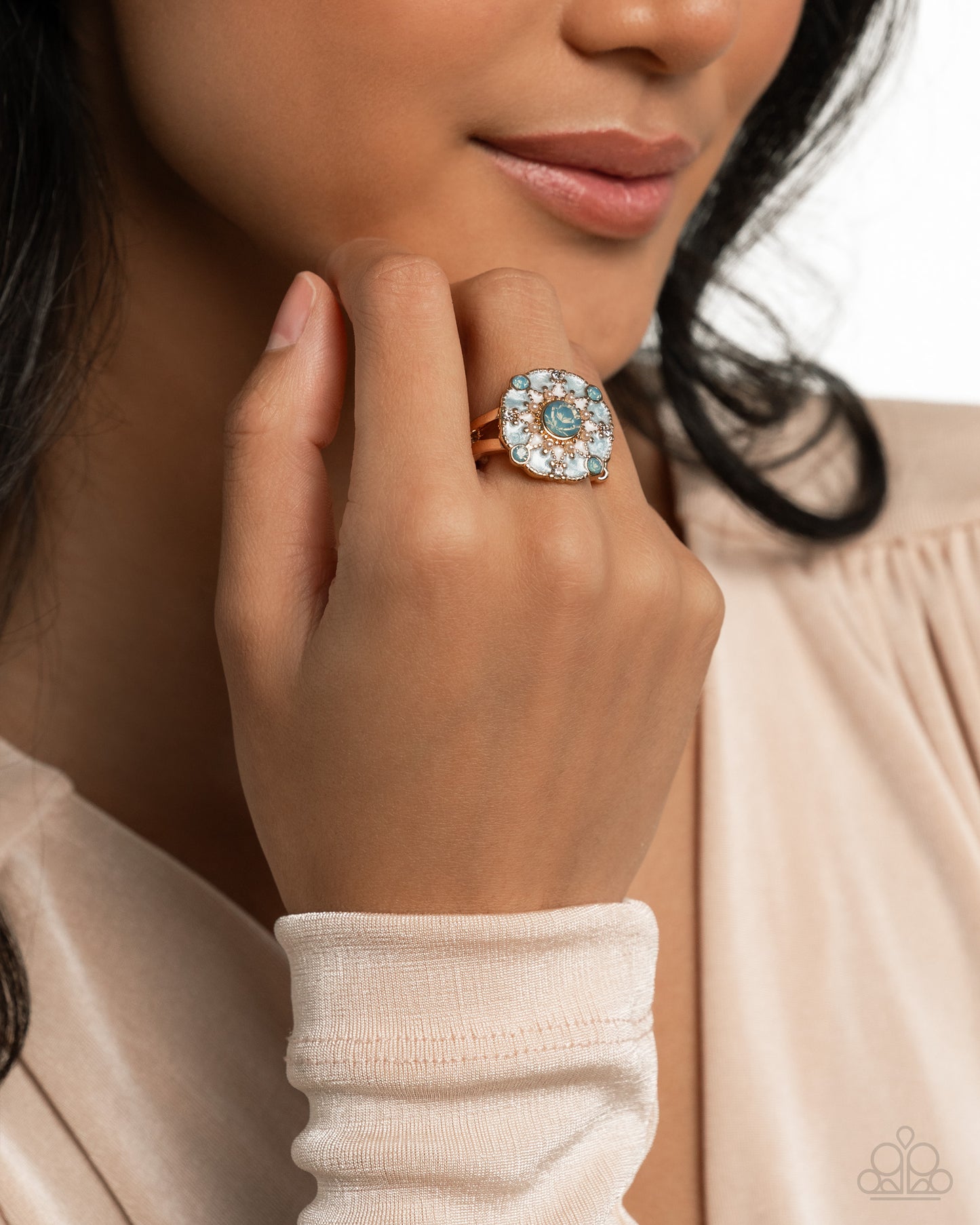 Cheers to Perfection - Blue Opalescent Gem, White Pearl & Rhinestone Statement Ring Paparazzi R0963
