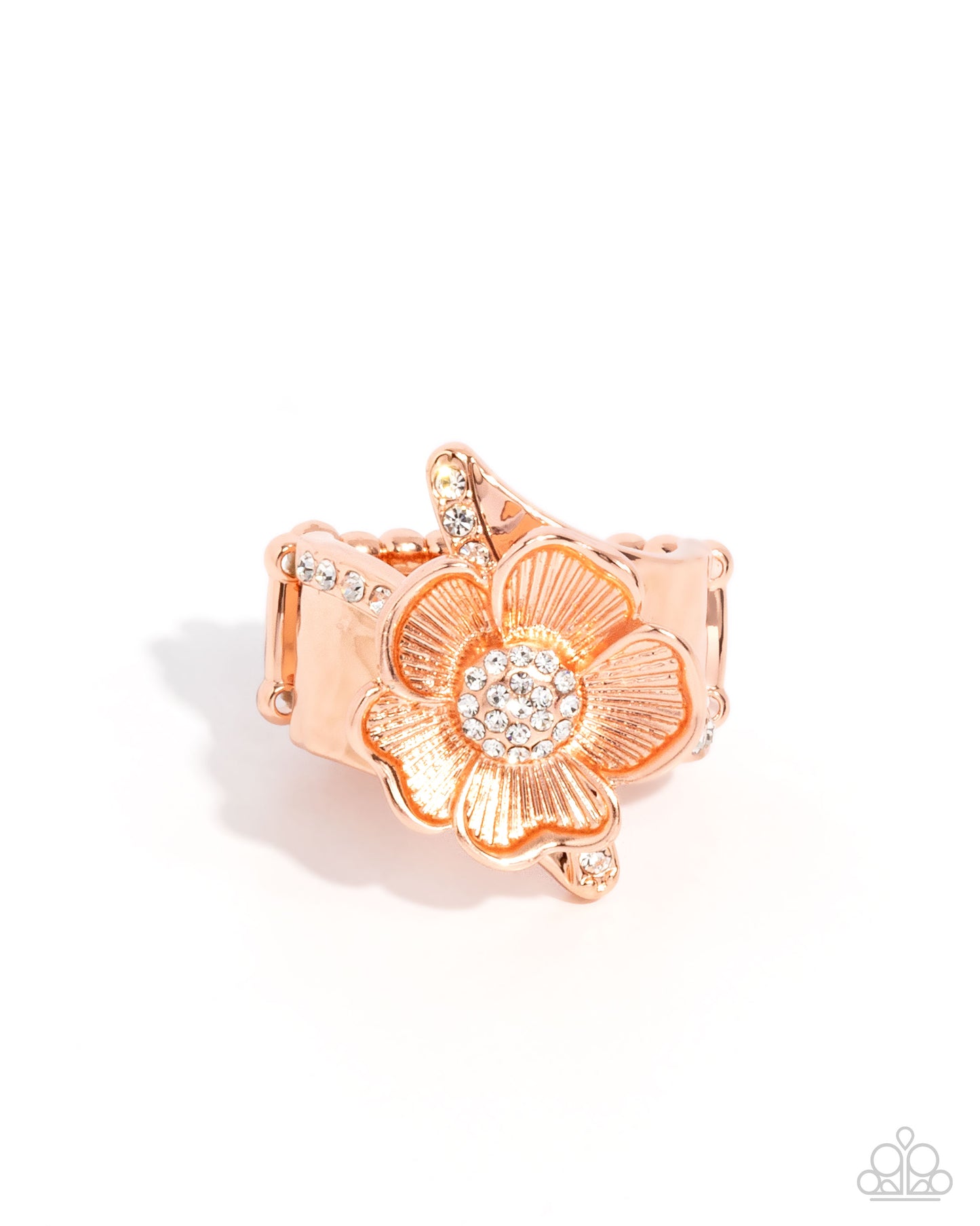 Floral Fact - Copper - Shiny Copper & White Rhinestone Flower Ring Paparazzi R0799