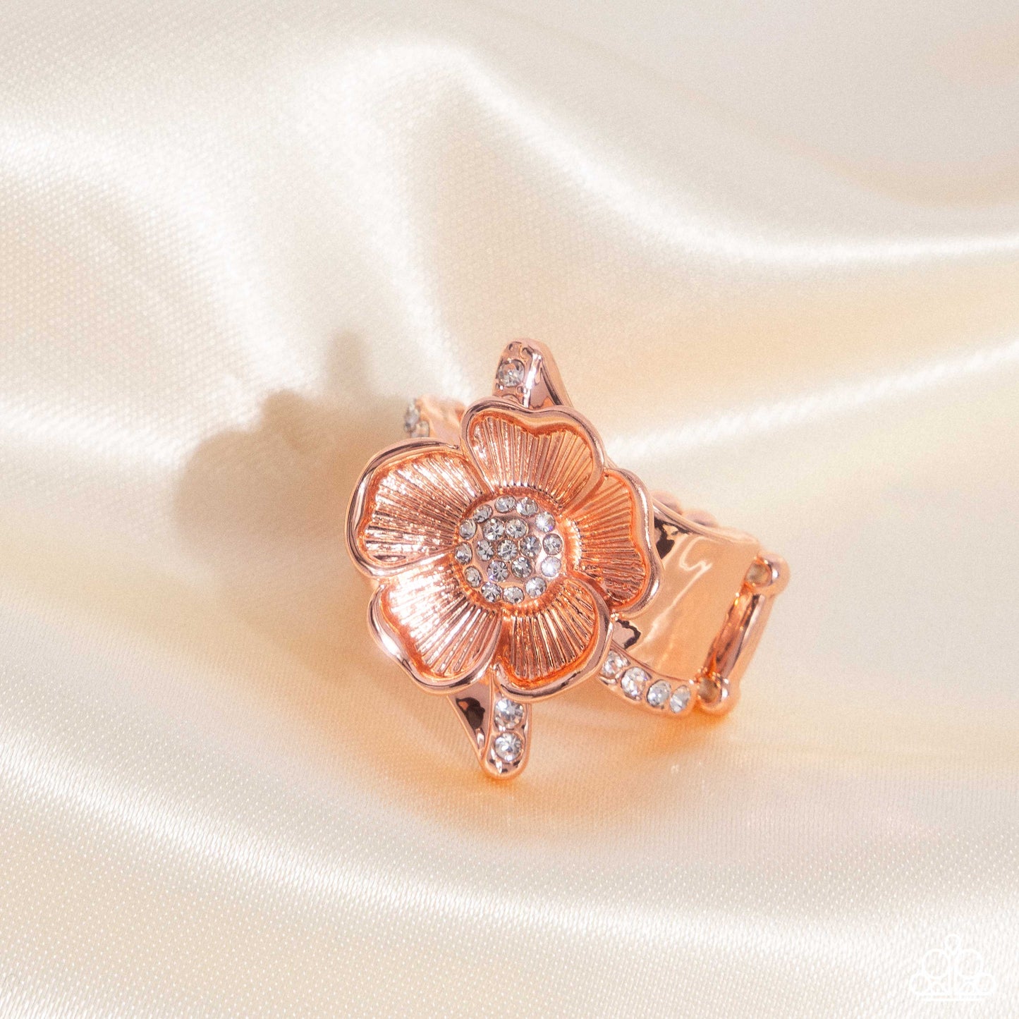 Floral Fact - Copper - Shiny Copper & White Rhinestone Flower Ring Paparazzi R0799