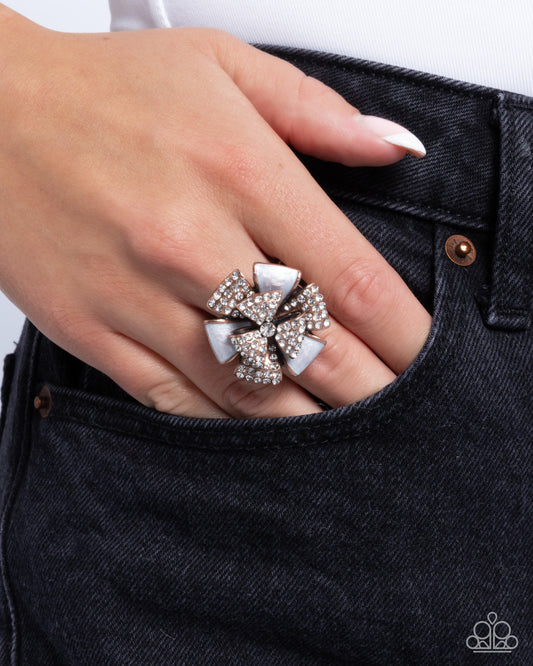 Persuasive Pizzazz - Copper & White Rhinestone Ribbon Petal Floral Ring Paparazzi R0905