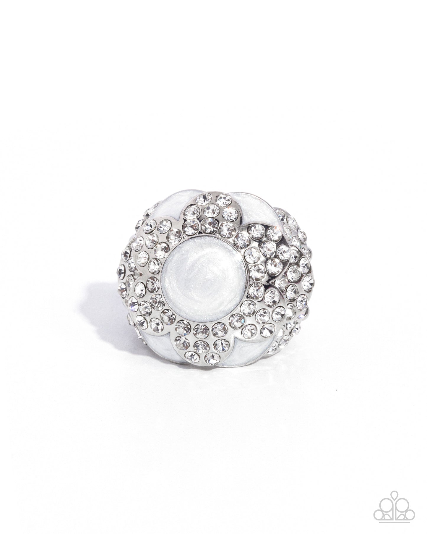 Pearly Podium - White Pearly Painted Center & White Rhinestone Ring Paparazzi R0818