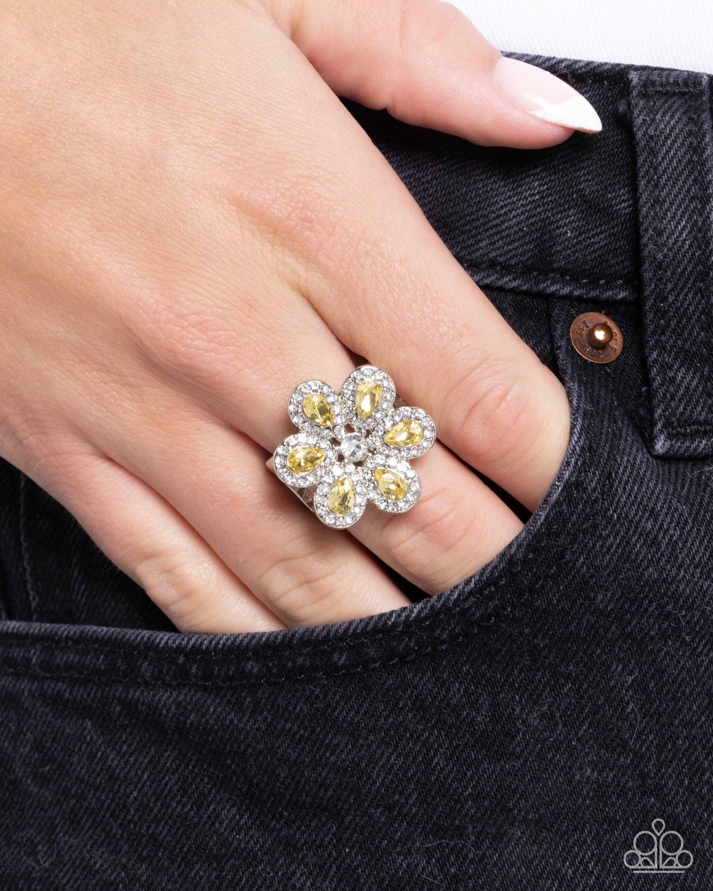 Petaled Promenade - Yellow Teardrop Gem & White Rhinestone Silver Flower Ring Paparazzi