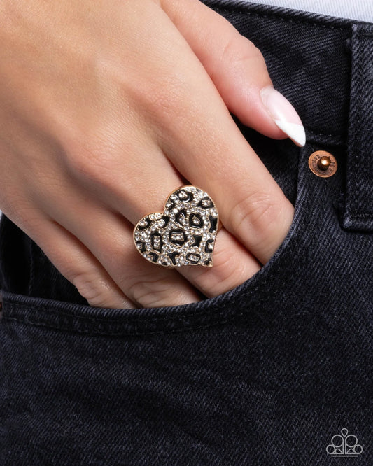 Cheetah Cameo Gold  Heart Black Painted Cheetah Like Pattern Ring Paparazzi R0823