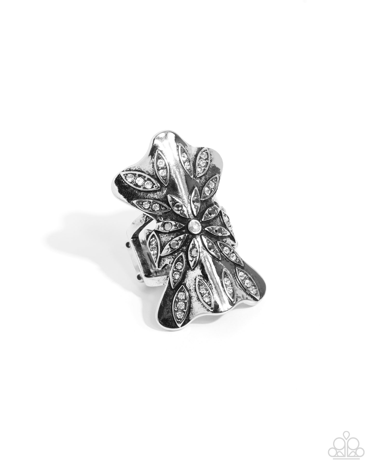 Different Dazzle - Silver, White & Hematite Rhinestone Floral Statement Ring Paparazzi R0810