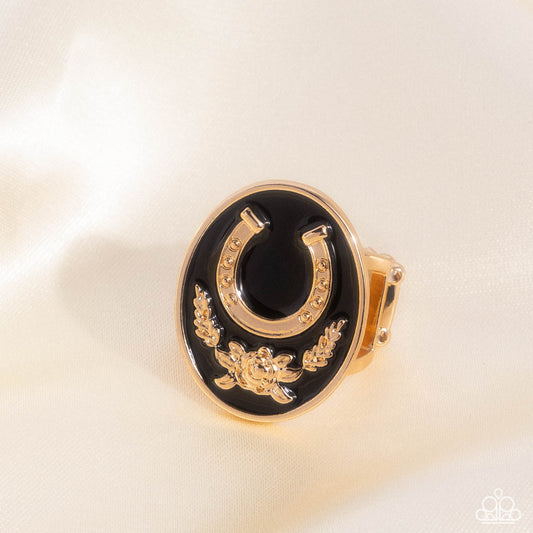 Santa Fe Stallion - Black Painted Gold Horseshoe Ring Paparazzi R0918