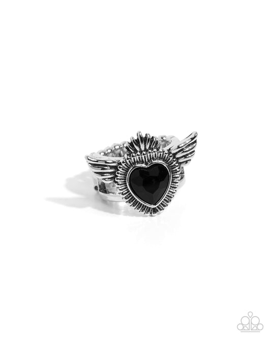 Diva Dame - Black Heart Gem Angel Wing Ring Paparazzi R1003