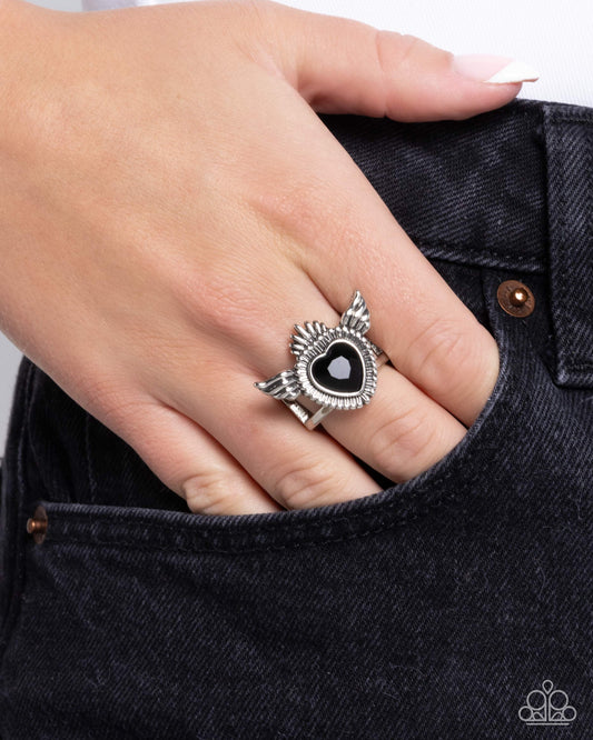 Diva Dame - Black Heart Gem Angel Wing Ring Paparazzi R1003