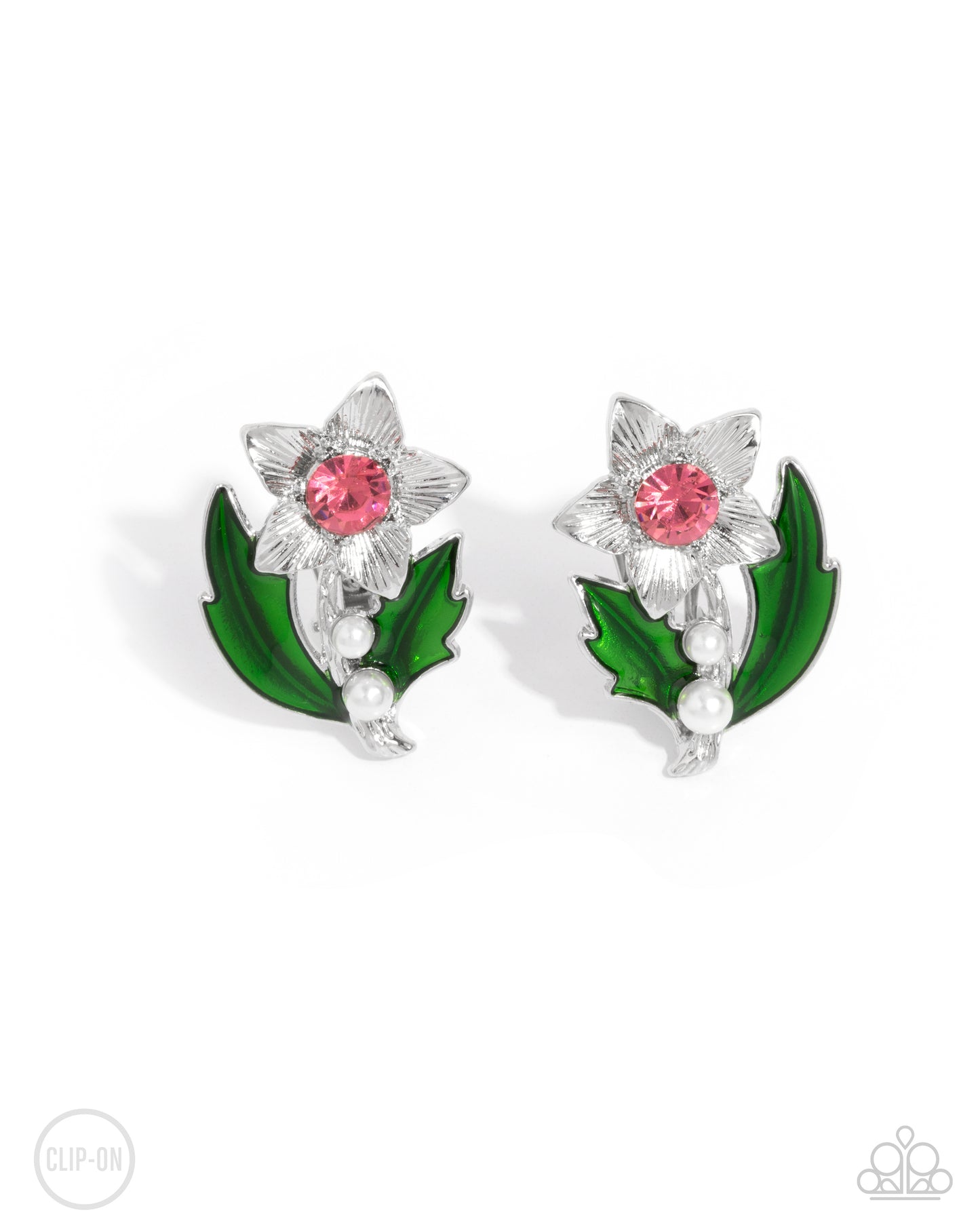 Gardening Guest - Pink & White Flower Clip-On Earring Paparazzi E2170