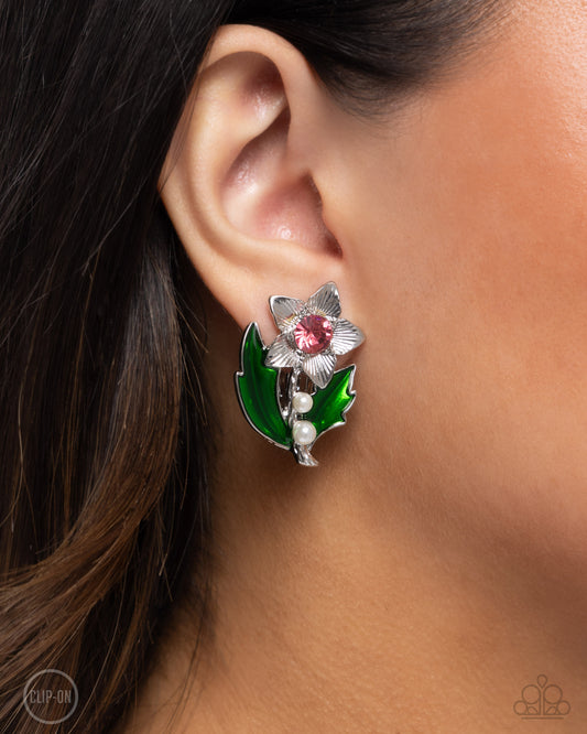 Gardening Guest - Pink & White Flower Clip-On Earring Paparazzi E2170