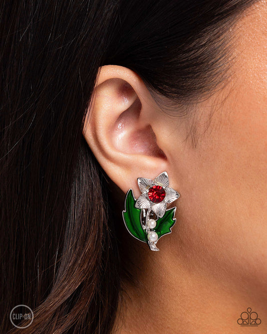 Gardening Guest - Red Gem Center Pink Flower Clip On Earring Paparazzi E1852