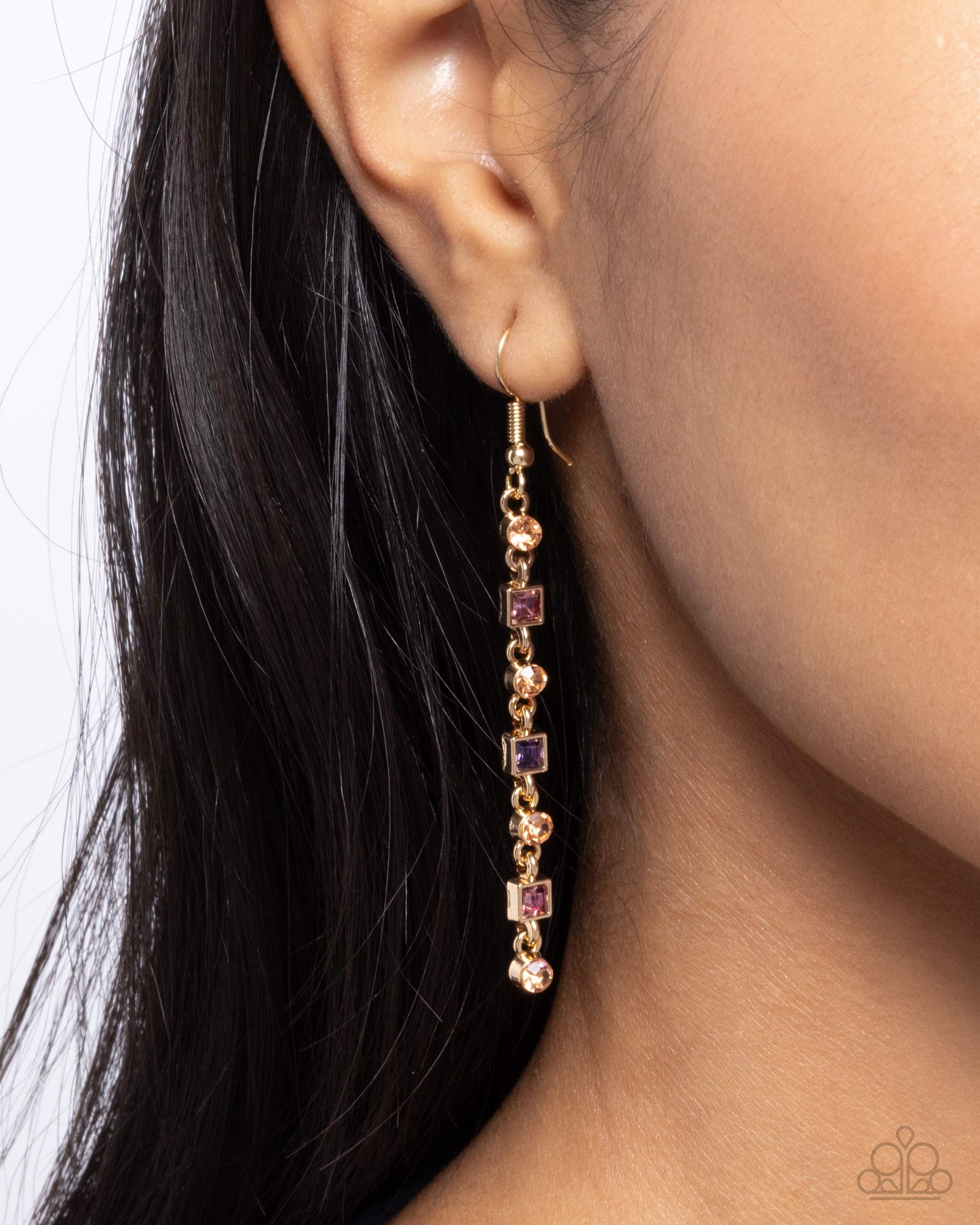 Square Slope - Purple, Light Peach Multicolored Rhinestone Earring Paparazzi E2586