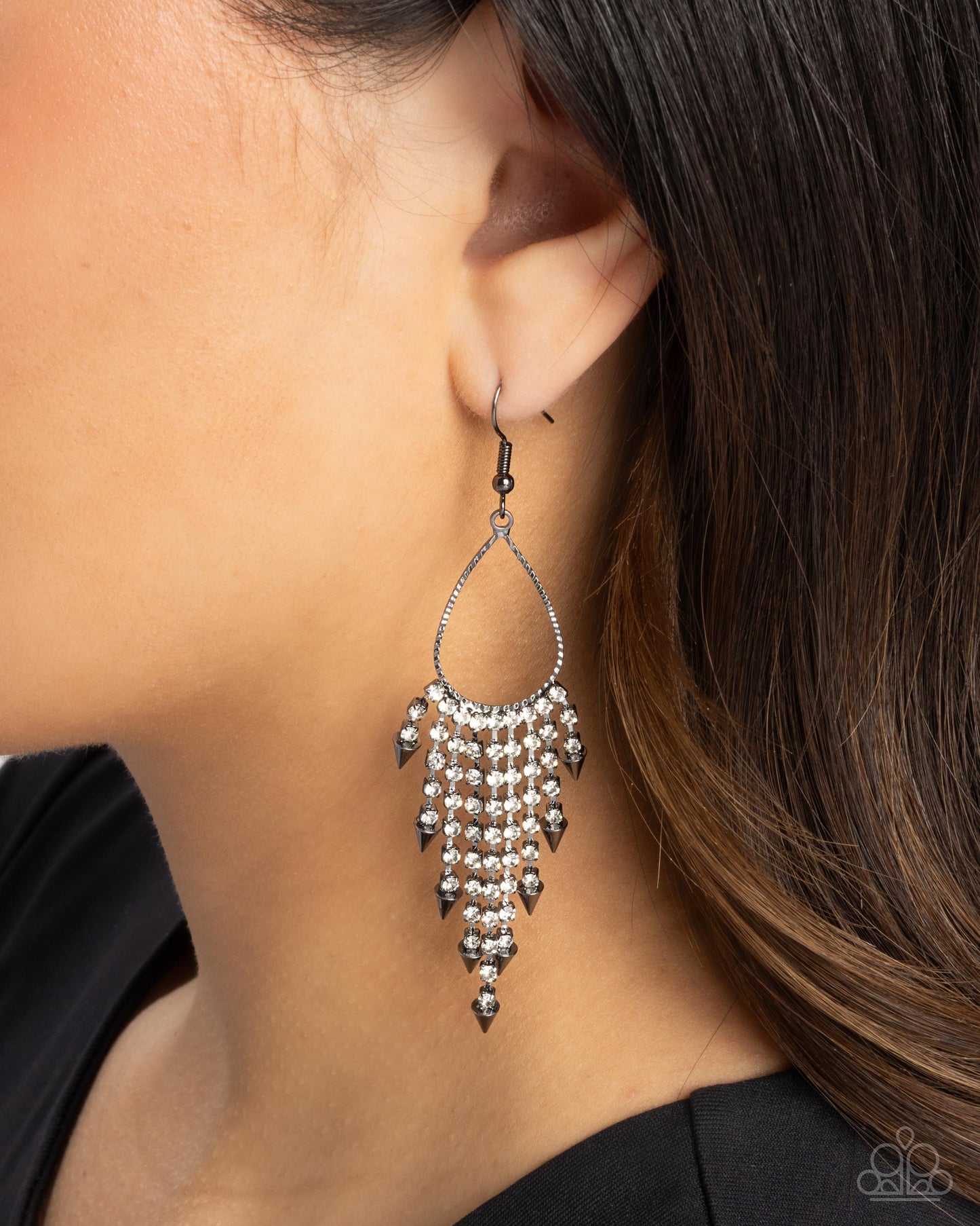 Sharp Streaming - Black Gunmetal Spiked Tassels & White Rhinestone Fringe Earring Paparazzi E2793