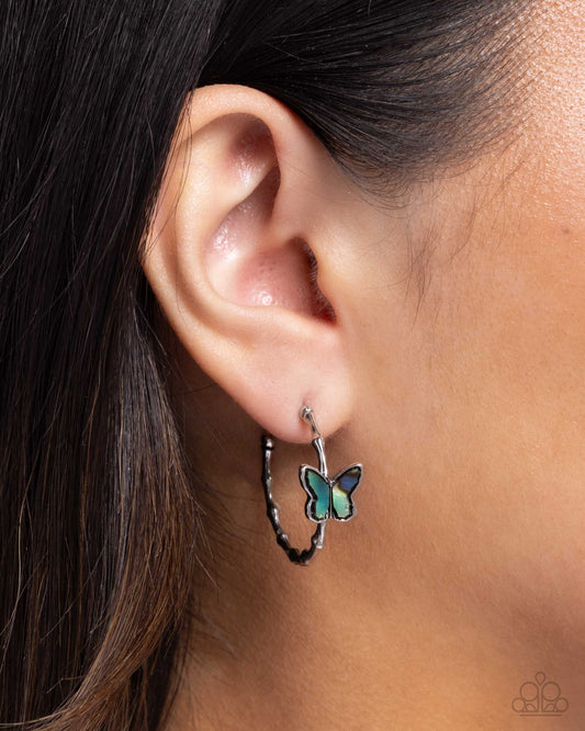Butterfly Beginning - Blue Abalone Shell Butterfly 1 Inch Hoop Earring Paparazzi E3040