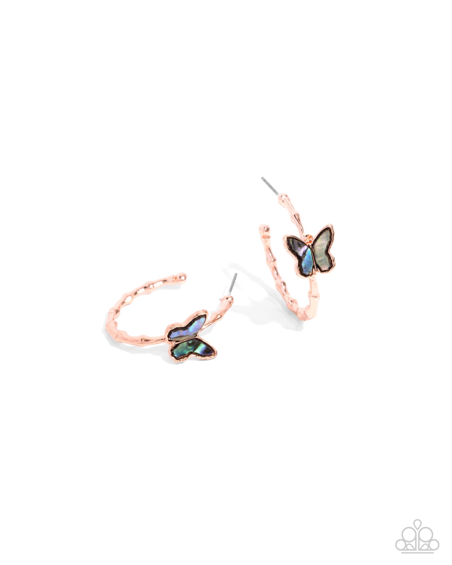 Butterfly Beginning - Copper - Shiny Copper 1 Inch Hoop & Blue Faux Abalone Shell Butterfly Paparazzi E2916