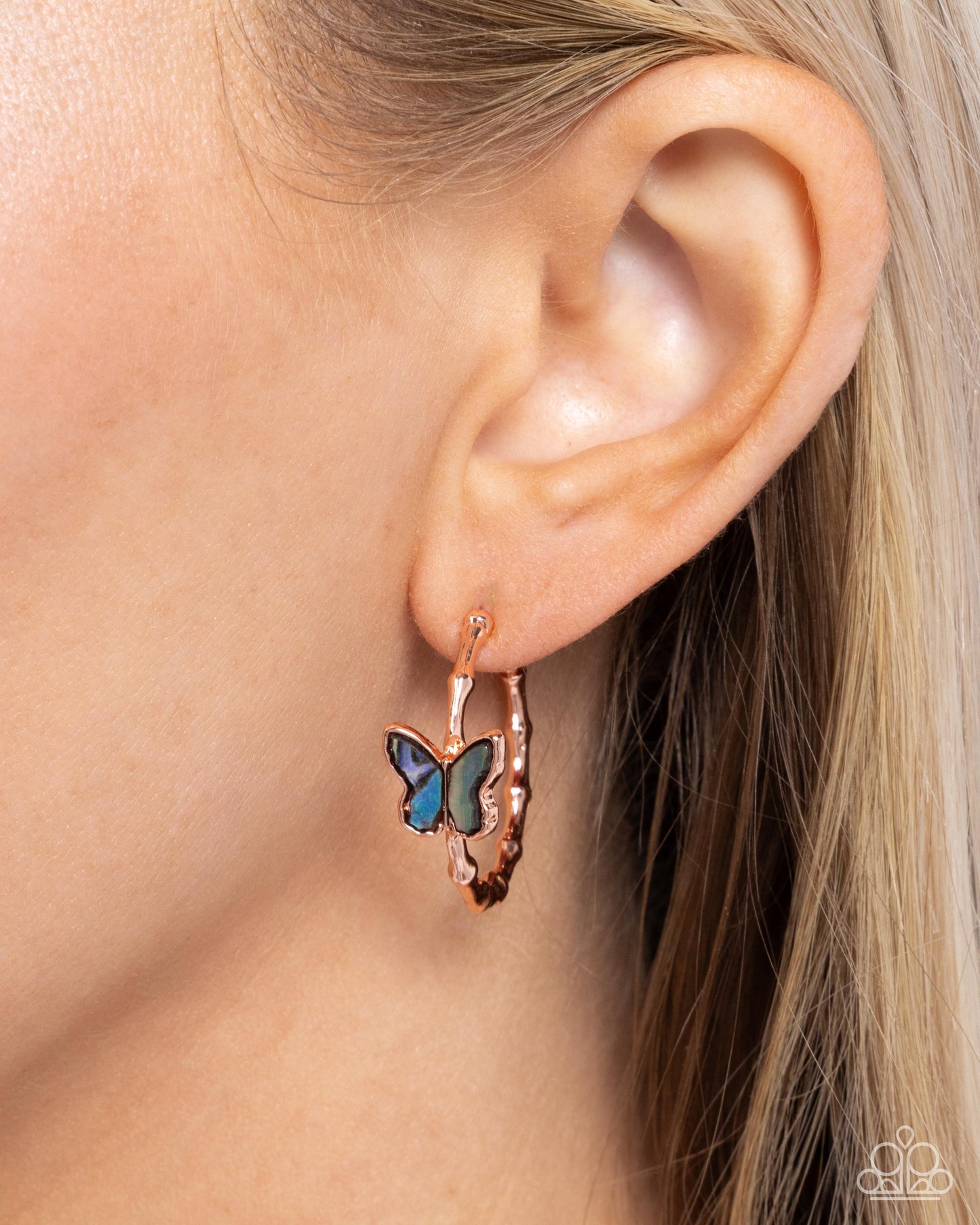 Butterfly Beginning - Copper - Shiny Copper 1 Inch Hoop & Blue Faux Abalone Shell Butterfly Paparazzi E2916