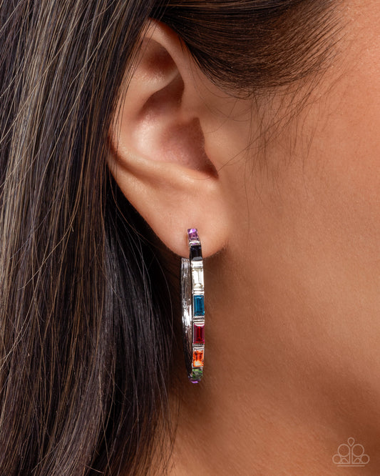 Carnival Chic - Multi Colored Emerald Cut Gem 1 1/2 Inch Hoop Earring Paparazzi E0738