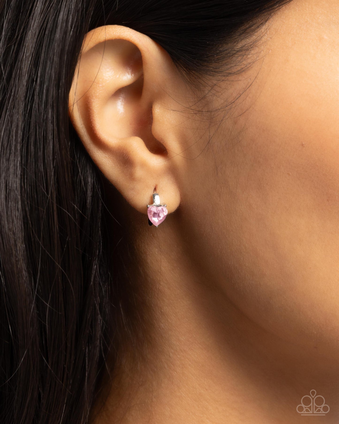 Tenuous Touch - Pink - Light Rose Pink Heart Gem Silver 1/2 Inch Hinge Hoop Earring Paparazzi E2688