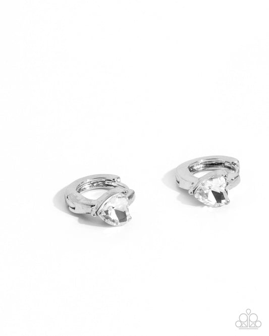 Tenuous Touch - White Heart Gem 1/2 Inch Hinge Hoop Earring Paparazzi E2660
