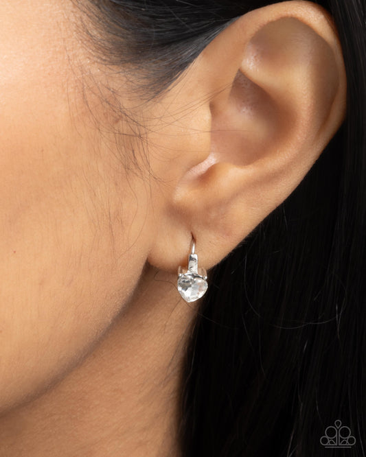 Tenuous Touch - White Heart Gem 1/2 Inch Hinge Hoop Earring Paparazzi E2660